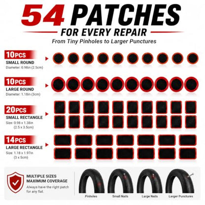 Bike Tire Repair Kit 80 PCS, Flat Tire Repair Kit with 54 Patches, 4 Vulcanizing Glue Tubes, Tire Levers & Valve Core Tools for Bikes, E-Bikes, Scooters & Inner Tube Repairs