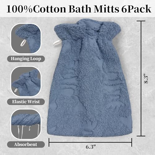 VOOVA & MOVAS 6-Pack Shower Wash Cloth, 100% Cotton Soft Absorbent Bath Mitts with Hanging Loop, 8.3x6.3 Inch European Style Bathing Gloves for Body & Spa, Light Blue Lobster - color: Light Blue Lobster