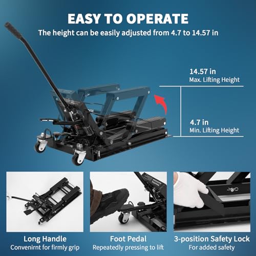 GarveeLife Hydraulic Motorcycle Lift Jack, Scissor Jack with with Foot Pedal & Wheels, 1500LB Capacity, 4.7''-14.57'' Height Range, Non-Slip Platform & 360° Swivel Casters, ATV/UTV/Dirt Bike Lift - color: Black