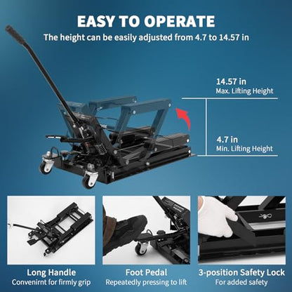 GarveeLife Hydraulic Motorcycle Lift Jack, Scissor Jack with with Foot Pedal & Wheels, 1500LB Capacity, 4.7''-14.57'' Height Range, Non-Slip Platform & 360° Swivel Casters, ATV/UTV/Dirt Bike Lift - color: Black