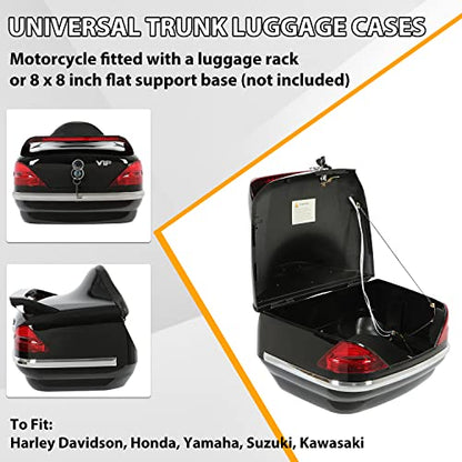 Black Motorcycle Hard Trunk Top Case with Backrest and Tail Light for Harley Davidson, Honda, Yamaha, Suzuki, Vulcan