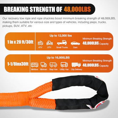 Nilight Kinetic Recovery Tow Rope Kit with 2 Soft Shackle 1-1/8inx30ft Heavy Duty Offroad Tow Rope Snatch Strap Towing Strap kit 48,000LBS for UTV ATV SUV Truck Car Jeep Tractor - color: 1/8inx30ft Rope+ 2 Pcs Soft Shackle