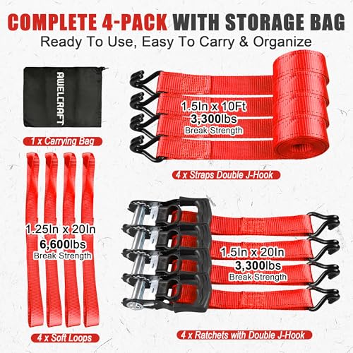 AWELCRAFT Ratchet Straps(4 Pack),3300lb Breaking Strength,1.5in×10ft Heavy Duty Tie Down Ratcheting with Padded Handles,Double J Hooks & 4 Soft Loops for Trailer,Trucks,Motorcycle(Red) - color: Red