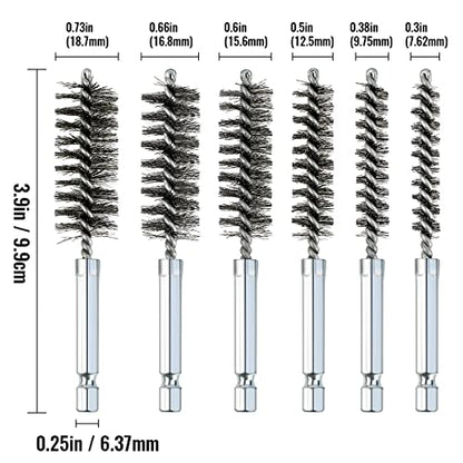 6 Pcs Stainless Steel Bore Brush Set with 1/4" Hex Shank Twisted Wire Bristles, Different Sizes (8, 10, 12, 15, 17, 19mm) for Rust and Tube Cleaning