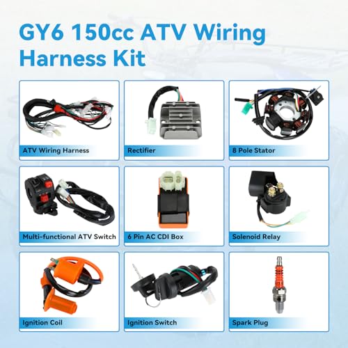 EOPOAYI Complete Wiring Harness Kit Compatible with GY6 150cc 152QMI 157QMJ 4-Stroke Engine ATV Quad 4 Wheeler Scooter Moped Dune Buggy Parts Ignition Coil CDI Startor Starter Relay Solenoid Regulator