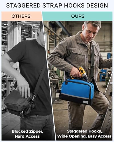 2 Pack Small Tool Bags Zipper Pouch for Organizing, with Adjustable Shoulder Strap & Carabiner, Utility Small Tool Pouch with Multi Pocket Compartments and Label Area (12" & 10") - color: Orange/Blue