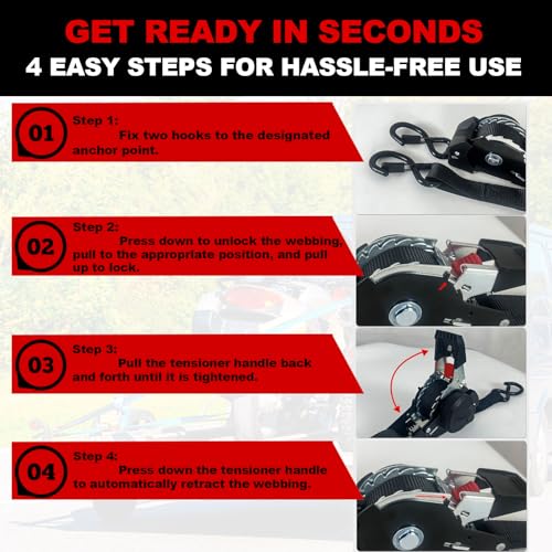 Retractable Ratchet Straps 2" x 10', Heavy Duty Auto Retract Tie Down Straps for Trailer, Motorcycle, ATV - 1654LBS Break Strength, 2 Pack