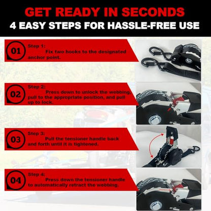 Retractable Ratchet Straps 2" x 10', Heavy Duty Auto Retract Tie Down Straps for Trailer, Motorcycle, ATV - 1654LBS Break Strength, 2 Pack