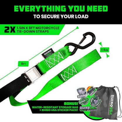 Rhino USA Motorcycle Tie Down Straps (2 Pack) Lab Inspected 2,200lb Break Strength, Steel Cambuckle Tiedown Set with Integrated Soft Loops - Better Than a Ratchet Strap (Green 2-Pack) - color: Green 2-Pack