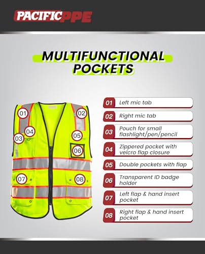 PACIFIC PPE 10 Pockets Class 2 Safety Vest for Men, 3M High Visibility Reflective Strips, Meets ANSI/ISEA Standard, Yellow, XX-Large - size: XX-Large