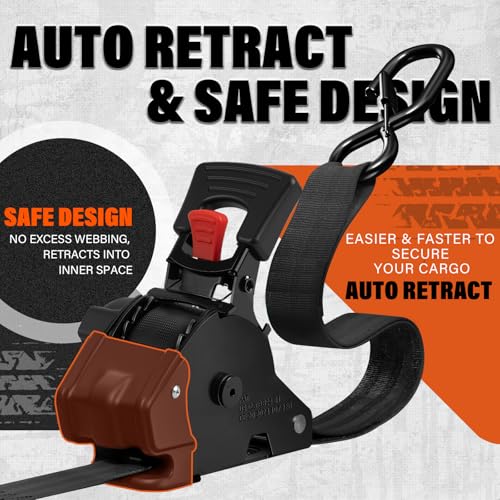 Retractable Ratchet Straps 1763lbs Break Strength Self Retracting Ratchet Straps Auto Ratchet Tie Down Straps with Soft Loop for Truck Motorcycle Cargo (Retractable, 15FT)