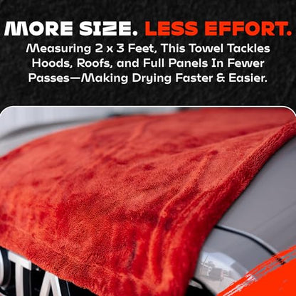 BLAZON Redline XL Car Drying Towel - Ultra Premium 1300 GSM Microfiber Drying Towel - Max Absorption, Streak-Free Finish, Super Soft Twisted Loop Design - Dries Full Vehicle - Extra Large 2 x 3 ft