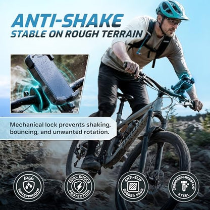 FIRETHORN Bike Phone Holder with Built in Rechargable Battery 5000 mAh - Motorcycle Mount, Handlebar Cell Phone Clamp, Scooter Clip, 4.7 to 6.8" Phone Types - iPhone 17, 16, 15 Plus, S20, Smartphones