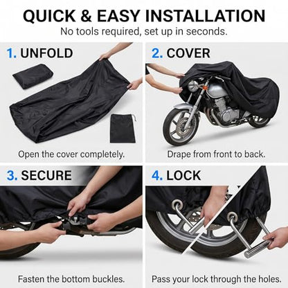 1 PC Motorcycle Cover, 190T Polyester Motorbike Cover with Storage Bag, Weather-resistant Outdoor Protector with Lock Holes, Universal for Most Motorcycles (Black)