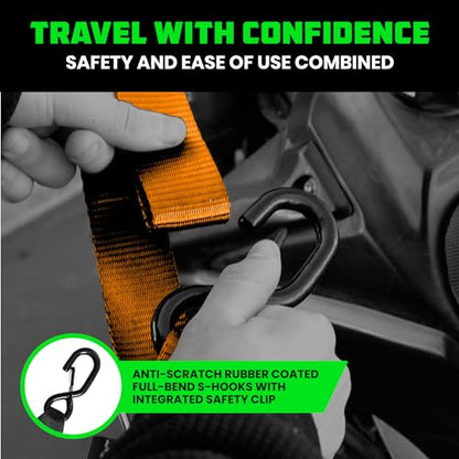 Rhino USA Motorcycle Tie Down Straps (2 Pack) Lab Inspected 2,200lb Break Strength, Steel Cambuckle Tiedown Set with Integrated Soft Loops - Better Than a Ratchet Strap (Orange 2-Pack) - color: Orange 2-Pack