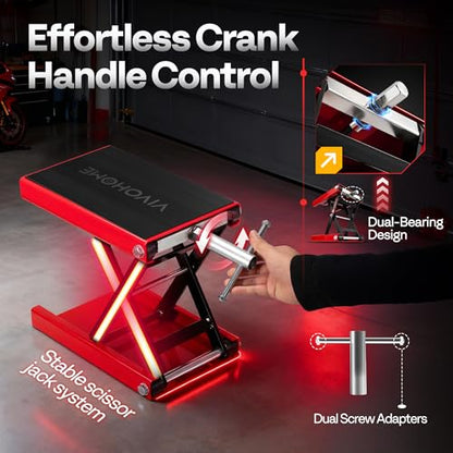 VIVOHOME 1100 LBS Motorcycle Lift Scissor Jack, Wide Deck Hoist Stand, Height Adjustable Center Stand with Crank, Steel Lift for Cruiser, Dirt Bike, ATV - Red - color: Red
