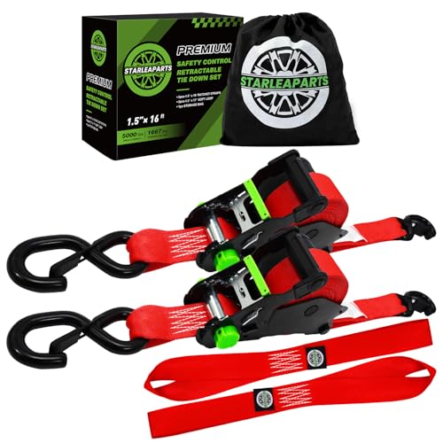 Retractable Ratchet Straps (2pk) -Patented | 1.5 in x 16 ft Heavy Duty Auto Ratchet Straps with Soft Loops | Perfect Automatic Tie Downs for Motorcycle,Kayak and Truck | Break Strength 5,000LBS/2268KG - color: Red, size: 2PK-5,000LBS