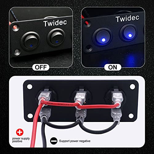 Twidec/3 Gang Rocker Toggle Switch Panel with 12V DC Round Dot Lighted 20A 3 Pins ON/Off SPST Switch Control for Car Or Boat Blue LED Light KCD2-102N-BU-XBZ - color: Blue LED-Panel