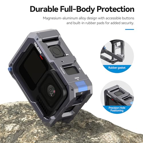 TELESIN Upgraded Aluminum Alloy Cage Frame Housing for Go Pro 13 12 11 10 9 Black, Supports Go Pro 13 Quick-Release System, with 1/4" Thread & Cold Shoe for Video Light Microphone for Hero Accessories