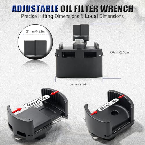 Universal Adjustable Oil Filter Wrench, 60-80mm Cap Style Oil Filter Removal Tool with Auto-Clamp Spring for Motorcycle, Car, Small to Medium Spin-on Filters