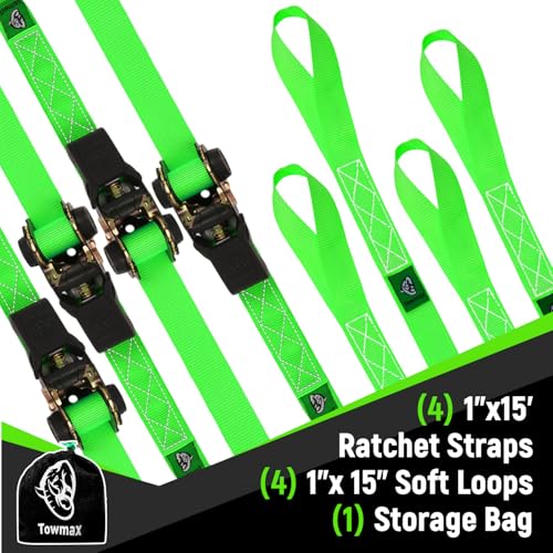 Ratchet Straps Medium Duty 4 Pack -1 Inch x 15 Feet (2,100LB Break Strength)- Motorcycle Tie Down Straps -Soft Loops Tie Downs- Ratchet Tie Down Set for Powersports, Motorcycle or Moving Cargo - style: Green,1"x15',2100lb