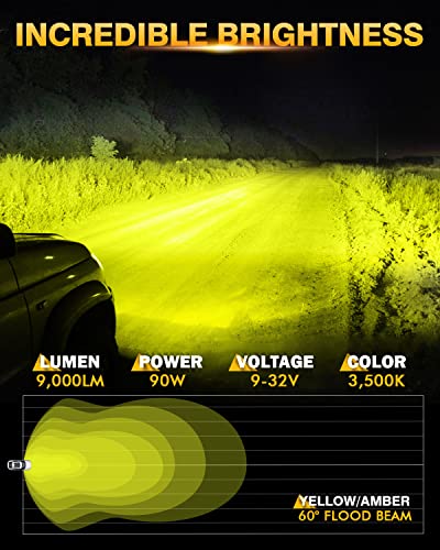 Auxbeam P4 Series Amber Round Fog Lamps 4-Inch 90W Flood Light Pods | Yellow driving lights for rain dust snow, 4x4 ATV Jeep truck motorcycle ditch lights, LED offroad light bar 2-pack - color: P4 Series Amber Flood Lights