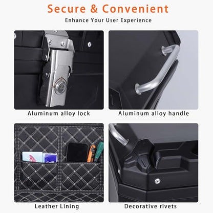 Motorcycle Top Case 45L Trunk Tail Box Bag Aluminum alloy handle With Leather Lining Anti-Theft With Lock And Back Cushion Waterproof Dustproof Easy Installation With Universal Bracket Silver - color: Silver（45L-Single Lock）