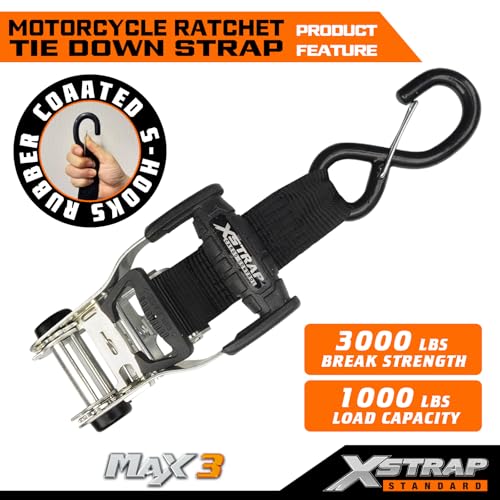 XSTRAP STANDARD 2 Pack 1.5" x 6' Ratchet Tie Down Straps - 1000Lbs Load Cap, 3000Lb Break Strength, Soft Loops & Safety Clip Hooks for Motorcycle, ATV, Kayak, Black - style: 2PK 1.5'' x 6' 3000lbs black