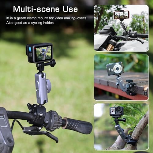 GEPULY Super Camera Clamp Mount for GoPro Insta360 - Aluminum Dual 360° Ball Head Magic Arm Adapters with 1/4''-20 Screw, Phone Tripod Holder Mount for Motorcycle Handlebar Fence Desk Tree Pole LED