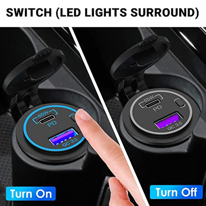 83W 12V USB Outlet Laptop Charger: 2 Pack 65W USB-C PD3.0 and 18W QC3.0 Multi Car Port 12V Socket Waterproof with Power Switch for Car Boat Marine Bus Truck Golf Cart RV Moto, etc. - color: 65W