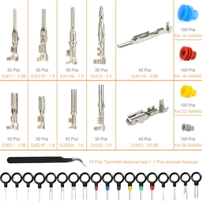859pcs Automotive Electrical Pin Connectors Kit 1.5/1.8/2.5/2.8mm Pin Terminals Wire Connector Pins Male Female Crimp Pins with Wire Seals Terminal Removal Tool and Tweezer for 22-12 Gauge Plug - color: 859pcs Pin Terminals