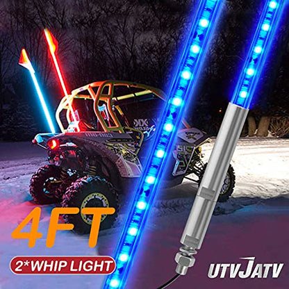 4ft LED Whip Blue Lights Waterproof Flag Pole Safety Antenna with Flag for Can-Am Maverick X3 Sand Dune Buggy UTV ATV 2020 Polaris RZR XP 4X4 Offroad Truck 4 Wheels - 2PCS - color: Blue, size: 4FT 2PCS LED whip light