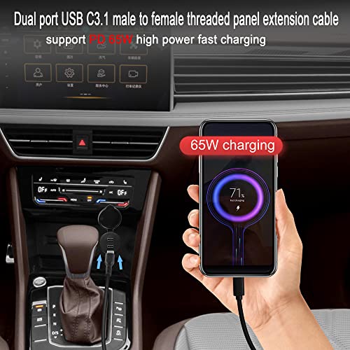 QIANRENON Dual USB C Threaded Flush Mount Waterproof Cable 10Gbps 2 USB C 3.1 Male to Female Panel Mount Extension Cable Support 4K@60HZ Audio and Video Transmission 1m/3.3ft