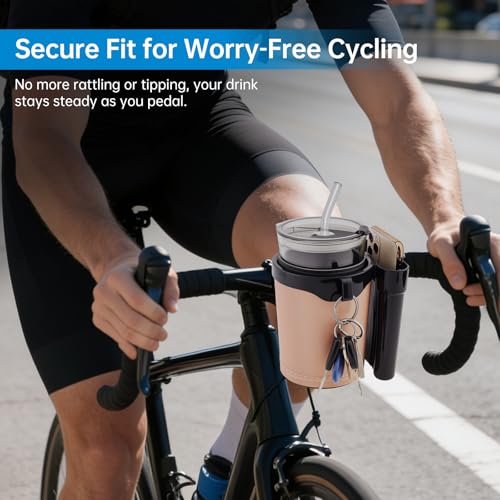 3-in-1 Bike Cup Holder with Cell Phone Keys Hook -Universal Water Bottle Holder for Walker/Wheelchair/Stroller/Scooter, Fits 0.87" Round Handlebar and 2.7" Cup Base,Beige - color: beige