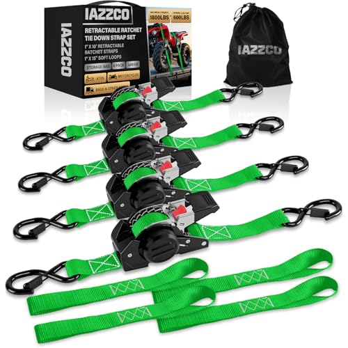 Retractable Ratchet Straps (4-Pack) - 1 in x 10 Ft (1800 LB Break Strength) Heavy Duty Self Retracting Ratchet Straps with Soft Loops & Storage Bag for Household, Motorcycle, Truck, ATV(Green) - style: Green-4 Pack