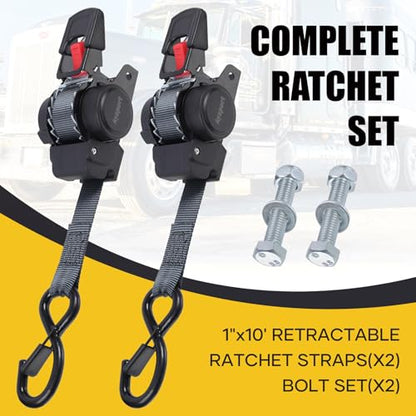 Ayaport Retractable Transom Tie Down Straps 1in X 10ft Tie Down Straps to Trailer- 1500lbs Break Strength, Medium Duty Bolt-on Ratchet Straps for Cargo, Boat, Motorcycles, ATV, 2pk - size: 1"x10'-2pcs
