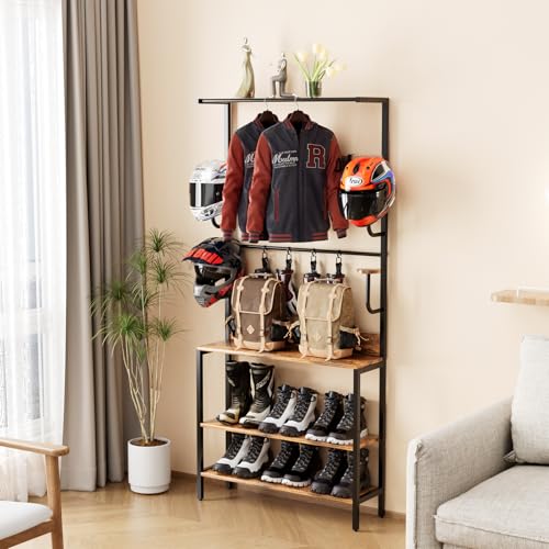 Motorcycle Helmet Holder Floor Mounted Stand, Wall Mount with Helmet Rack, 4 Glove Chips and 4 Hooks, Rustic Helmets Holder and Motorcycle Helmets Rack for Most of Helmet