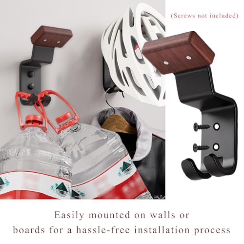 Helmet Holder Wall Mount, Motorcycle Helmet Holder Headgear Rack with Double Hooks, Solid Wood & Strong Steel Helmet Display Hanger Hooks for Football Helmet Jacket Coats