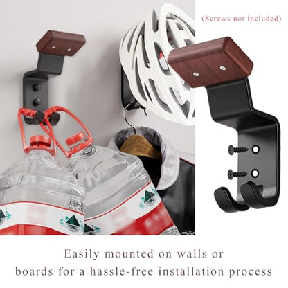 Helmet Holder Wall Mount, Motorcycle Helmet Holder Headgear Rack with Double Hooks, Solid Wood & Strong Steel Helmet Display Hanger Hooks for Football Helmet Jacket Coats