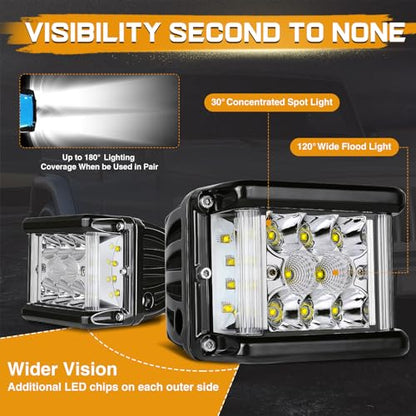 LED Pods, 2Pcs 4 Inch 96W Dually Side Shooter LED Fog Lights Off Road Spot Flood Combo Driving Cubes Light Pods Triple Row Ditch Lights Bar for Trucks ATV UTV SUV Boat Motorcycle - size: 4 Inch