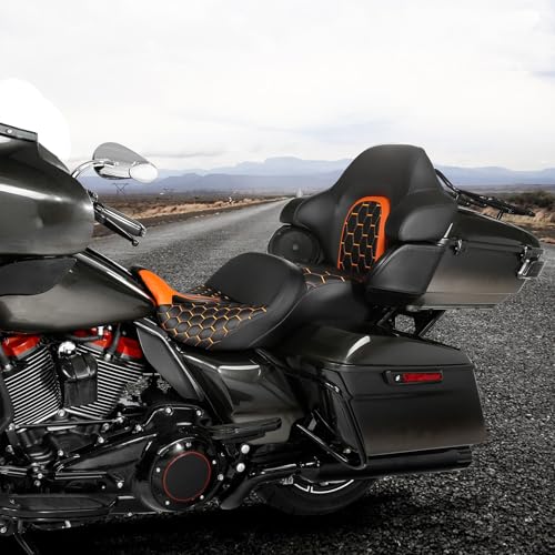 CC RIDER Gel Seat Driver Passenger Seat and King/Chopped Tour Trunk Backrest Fit For Harley Touring 2014-2023 Street Glide Road Glide Road King Electra Glide,Orange Hexagon - color: 23# Gel Orange+ 1 Backrest