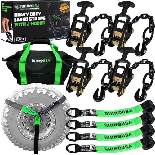 Rhino USA Car Tie Down Straps with J Hooks – 4 Pack 2" x8' – 10,000lbs Break Strength – Heavy Duty T-Handle Car Hauler Tire Lasso Wheel Straps for Trailers, UTV & Powersports – Black - color: Black, size: J-Hooks