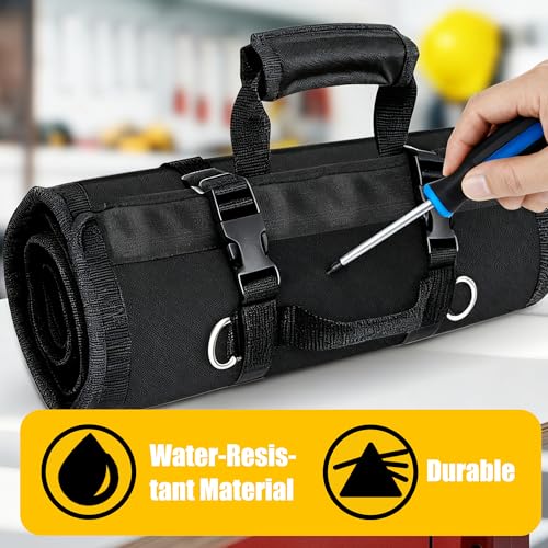 Tool Bag,Large Roll-Up Tool Bag Organizer with 28 Pocket Organizer, 34 Socket Slots, Heavy Duty Portable Tool Storage Carrier Bag for Men,Mechanic,Electrician & Hobbyist,Black