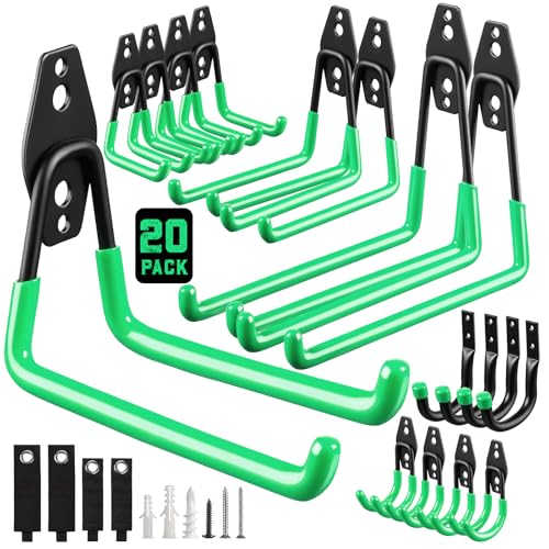 Garage Hooks, 20-Pack Steel Garage Accessories for Organization and Storage, Heavy Wall Mount Duty Hooks with Anti-Slip Coating for Hanging Ladder, Bike, Power Tools and More Tools, Green - color: Green