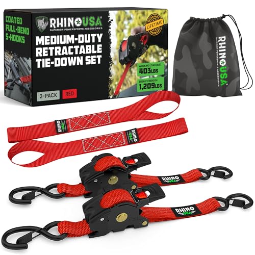 Rhino USA Retractable Ratchet Straps (2-Pack) - 1 Inch x 10 Feet (1,209lb Break Strength) - Auto Self Retracting Tie Down Straps for Truck, Cargo Trailer, Motorcycle, ATV, UTV - Red - color: Red, size: 2 Pack