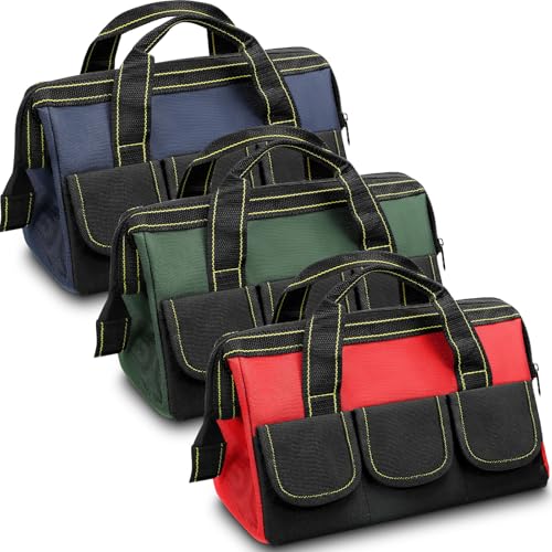 Sanwuta 3 Pack Tool Bag for Men with Waterproof Hard Bottom, Heavy Duty Tool Bag Wide Mouth Tote for Various Instrument, Electrician Carpenter Mechanic(Red, Army Green, Blue,18 Inch,Classic) - color: Red, Army Green, Blue, size: 18 Inch, style: Classic
