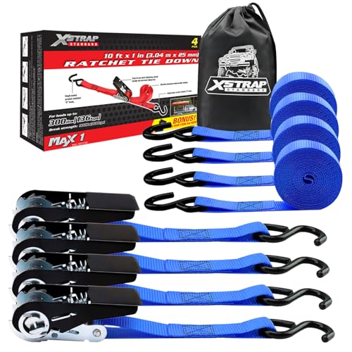 XSTRAP STANDARD Ratchet Tie Down Straps 4 Pk 10 Ft- 300 Lbs Load Cap- 900 Lbs Break Strength-Cargo Straps for UTV, ATV, Pickup,Truck, Moving Appliances, Lawn Equipment, Blue - color: Blue, size: 4pk 1inchx10ft