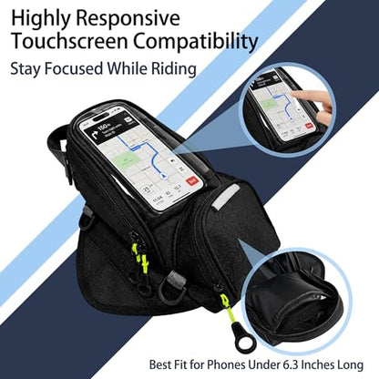 Motorcycle Tank Bag with Phone Holder, Magnetic & Strap Mount Motorcycle Tank Bag for Plastic/Metal Gas Tanks, Waterproof Touchscreen Tank Bag Fits Phones Under 6.3”, Riding Storage Bag