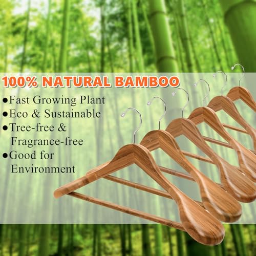 Amber Home 6 Pack Wide Shoulder Bamboo Wood Suit Coat Hangers, Wooden Clothes Hangers with Pants Bar, Heavy Duty Jacket Hangers for Dress, Pants, Heavy Clothes - size: Bamboo
