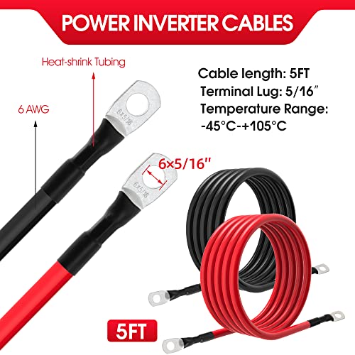 6 AWG Battery Cables 6 Gauge Battery Power Inverter Cable with 5/16 Inch Tinned Copper Lugs Both Ends for Solar Marine Boat RV Car Motorcycle 2 pcs (5FT) - size: 5FT